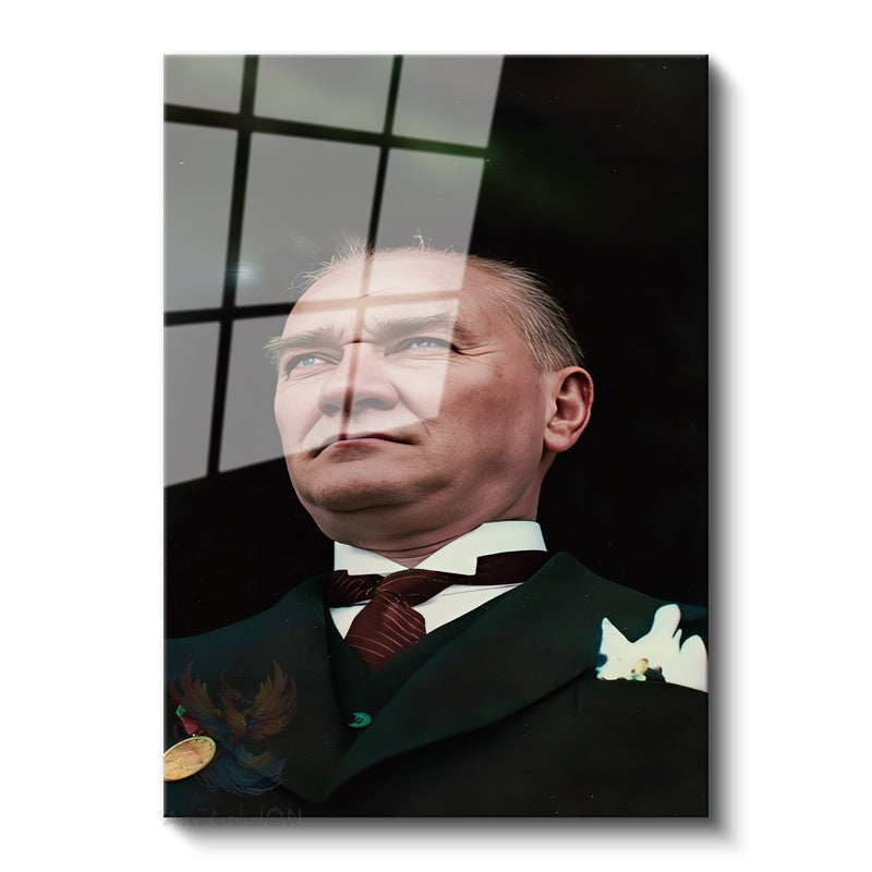 Atatürk Portre Renkli Modern Dikey Cam Tablo
