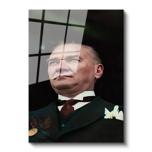 Cam Dikey Duvar Tablosu Cam Atatürk Portre Renkli Ev Ofis Salon Modern Duvar Tablosu