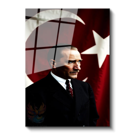 Cam Dikey Duvar Tablosu Cam Atatürk ve Bayrak Ev Ofis Salon Modern Duvar Tablosu