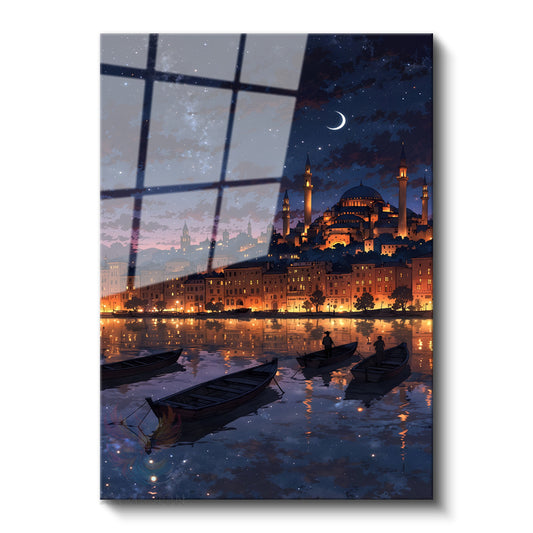 Glass Vertical Wall Art, Glass Hagia Sophia Night Moon, Home, Office, Living Room, Modern Wall Art