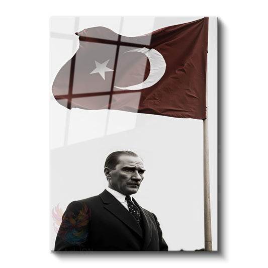 Cam Dikey Duvar Tablosu Cam Bayrak ve Atatürk Ev Ofis Salon Modern Duvar Tablosu