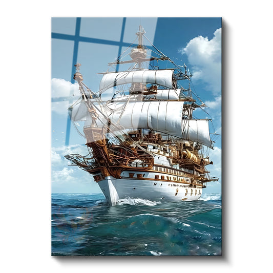 Glass Vertical Wall Art, Glass White Sailing Ship, Modern Wall Art for Home, Office, Living Room.