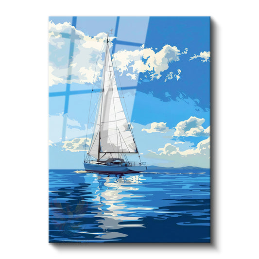 Glass Vertical Wall Art, Glass Sea and Sailboat, Home, Office, Living Room Modern Wall Art