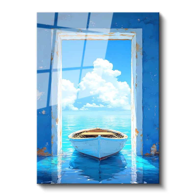 Glass Vertical Wall Art, Boat Inside Glass House, River House, Office, Living Room, Modern Wall Art