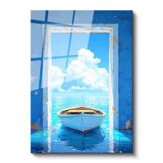 Glass Vertical Wall Art, Boat Inside Glass House, River House, Office, Living Room, Modern Wall Art