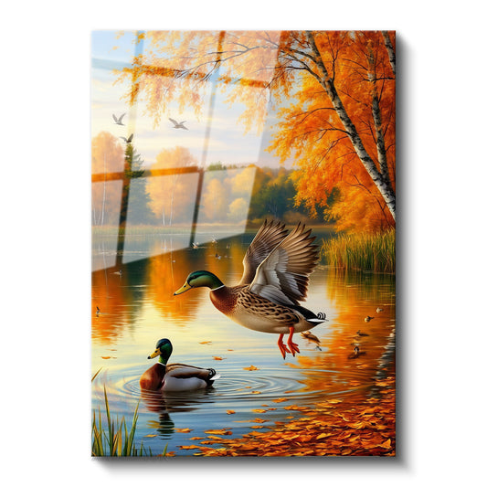 Glass Vertical Wall Art: Cute Ducks in a Glass Lake, Modern Wall Art for Home, Office, Living Room.