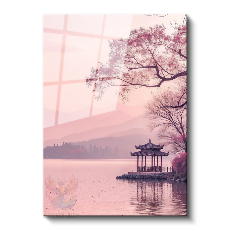 Glass Vertical Wall Art, Glass Japan Pink Sky, Home Office Living Room Modern Wall Painting