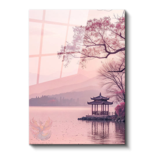 Glass Vertical Wall Art, Glass Japan Pink Sky, Home Office Living Room Modern Wall Painting