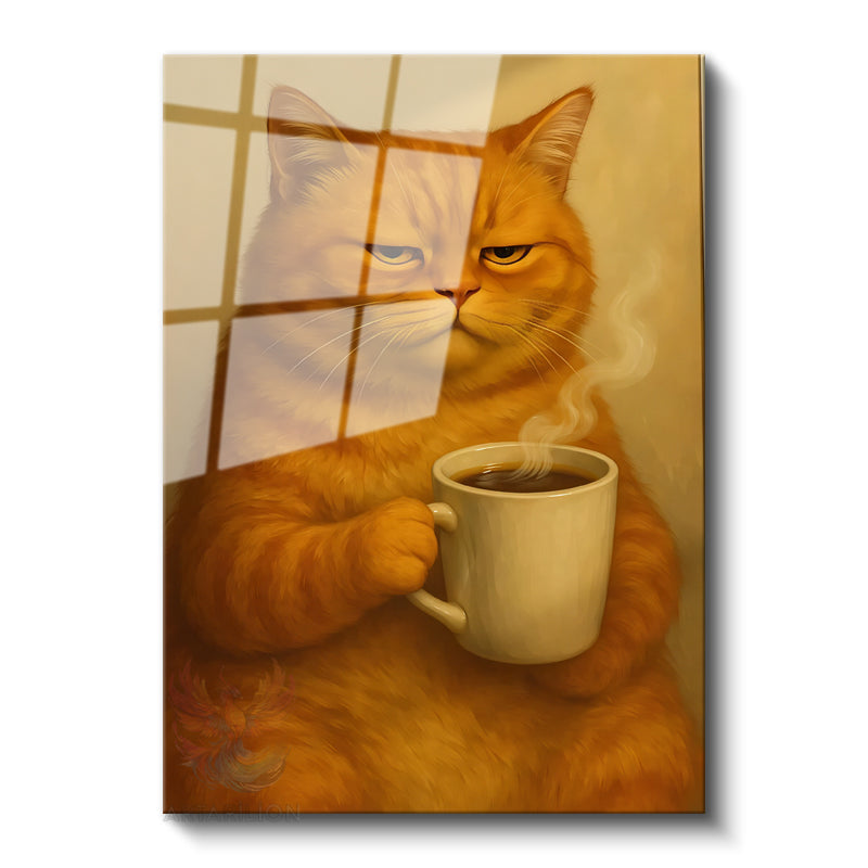 Kahve İçen Kedi Modern Dikey Cam Tablo