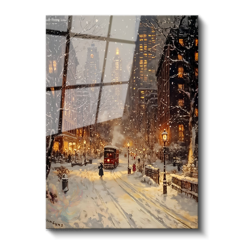 Karlı Şehir Modern Dikey Cam Tablo