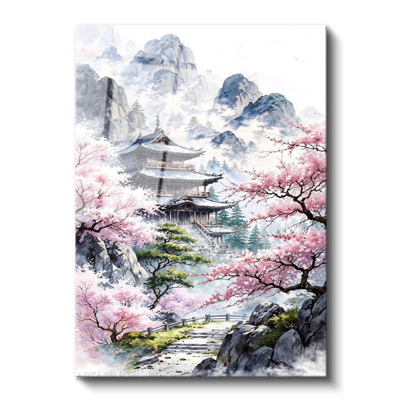 Glass Vertical Wall Art, Glass Lime Blossoms and Temple, Modern Wall Art for Home, Office, Living Room.