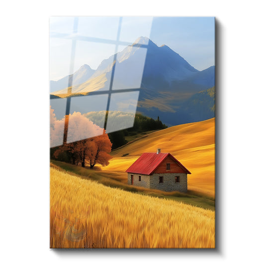 Glass Vertical Wall Art, Glass Countryside House, Home, Office, Living Room Modern Wall Art
