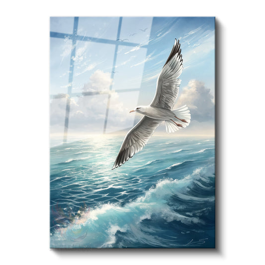 Glass Vertical Wall Art, Glass Seagull and Ocean, Modern Wall Art for Home, Office, Living Room.