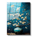 Glass Vertical Wall Art, Flowers in a Blue Glass Vase, Modern Wall Art for Home, Office, Living Room.