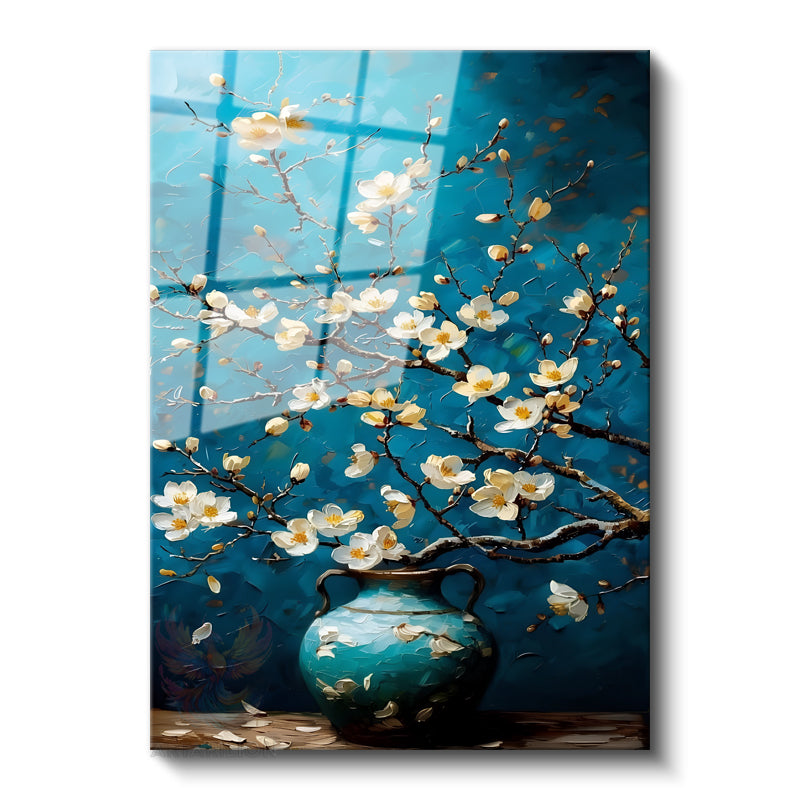 Glass Vertical Wall Art, Flowers in a Blue Glass Vase, Modern Wall Art for Home, Office, Living Room.