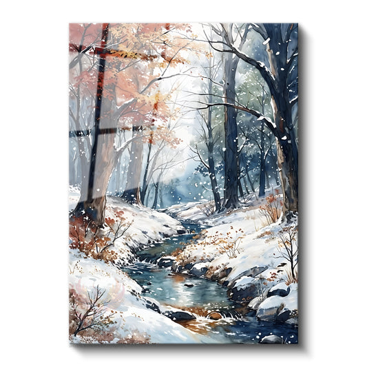 Glass Vertical Wall Art, Glass River and Snowy Forest, Modern Wall Art for Home, Office, Living Room.
