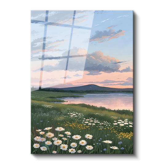 Glass Vertical Wall Art, Glass Daisy Lake, Home, Office, Living Room, Modern Wall Art
