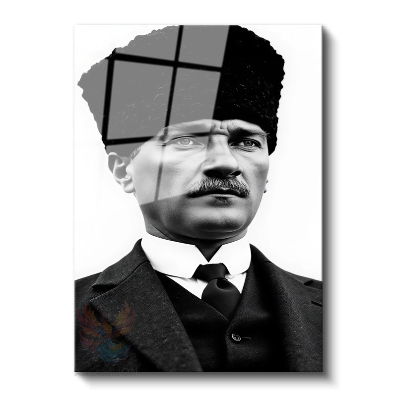 Siyah Beyaz Atatürk Kalpaklı Modern Dikey Cam Tablo