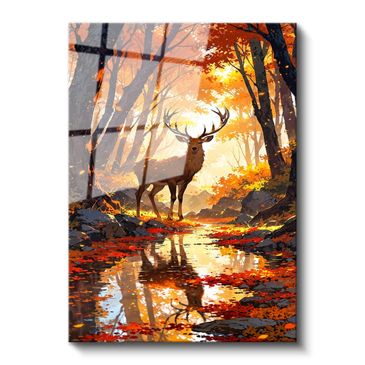 Glass Vertical Wall Art, Glass Autumn Deer, Home, Office, Living Room, Modern Wall Painting