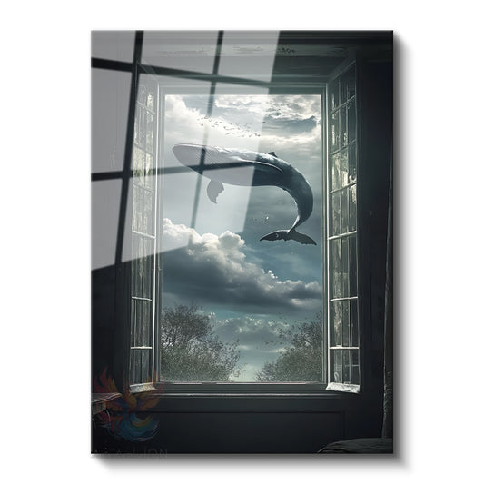 Glass Vertical Wall Art, Glass Flying Whale, Modern Wall Art for Home, Office, Living Room.