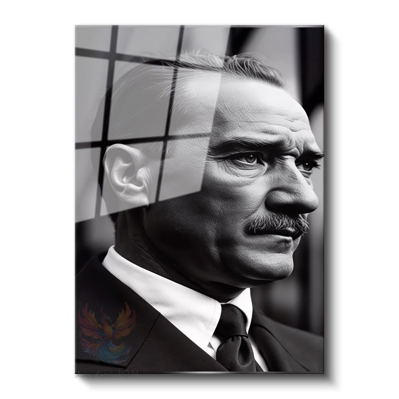 Yandan Portre Siyah Beyaz Atatürk Modern Dikey Cam Tablo