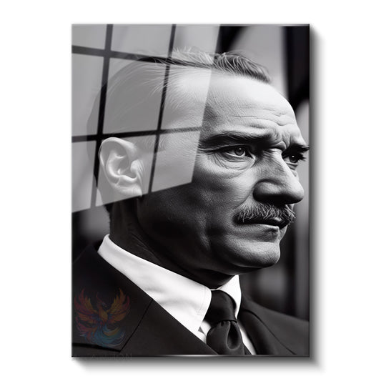 Cam Dikey Duvar Tablosu Cam Yandan Portre Siyah Beyaz Atatürk Ev Ofis Salon Modern Duvar Tablosu