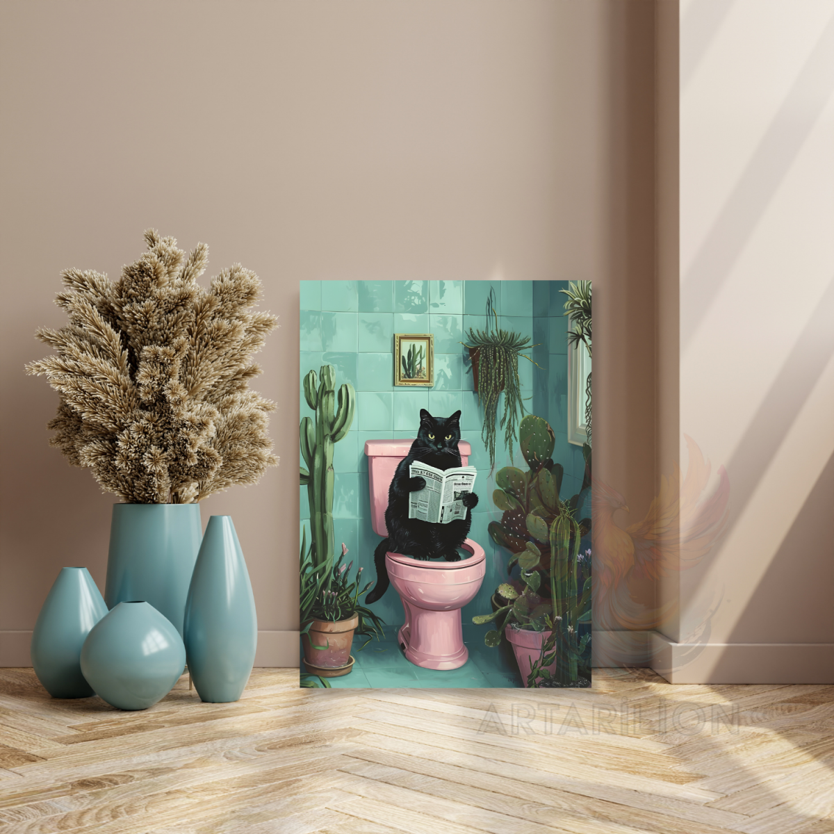Gazete Okuyan Siyah Kedi Kanvas Tablo
