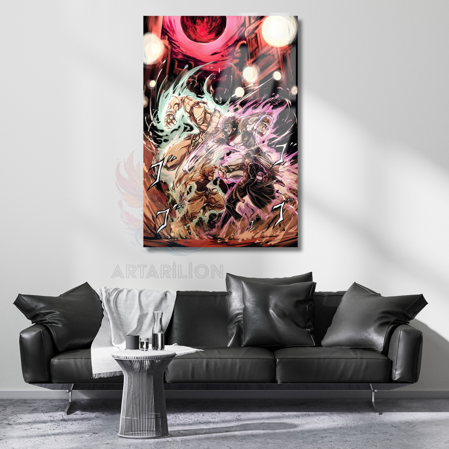 Anime Jojo Jotaro ve Dio Temalı Dijital Baskı Oyuncu Odası Cam Tablo