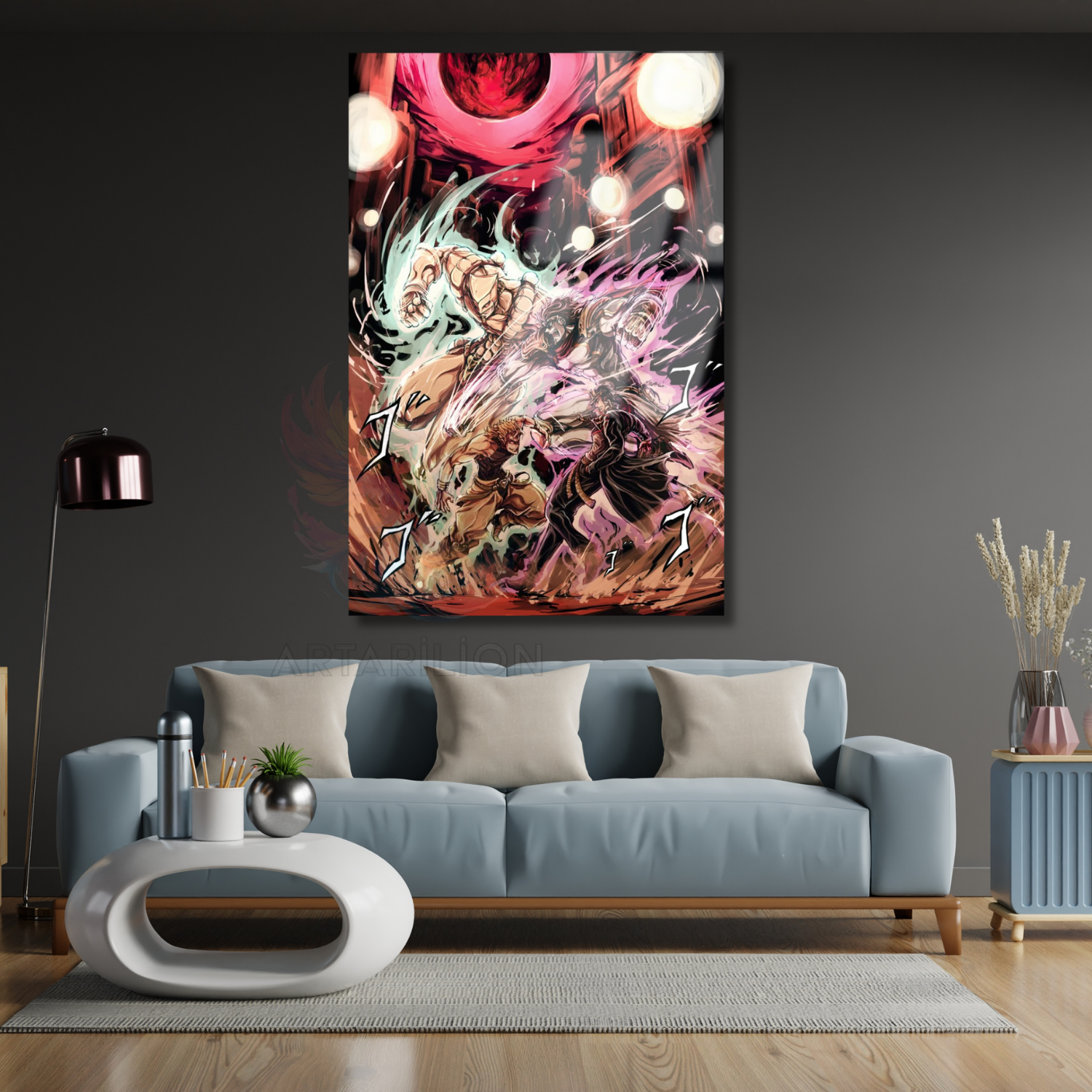 Anime Jojo Jotaro ve Dio Temalı Dijital Baskı Oyuncu Odası Cam Tablo