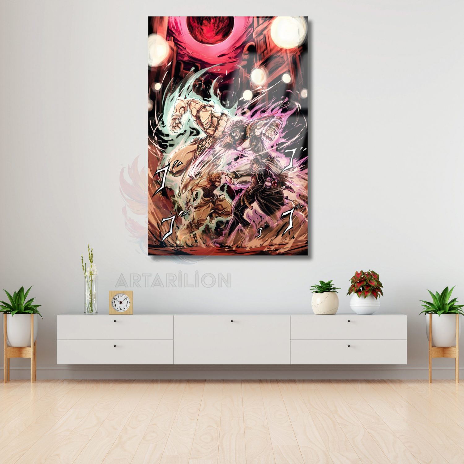 Anime Jojo Jotaro ve Dio Temalı Dijital Baskı Oyuncu Odası Cam Tablo