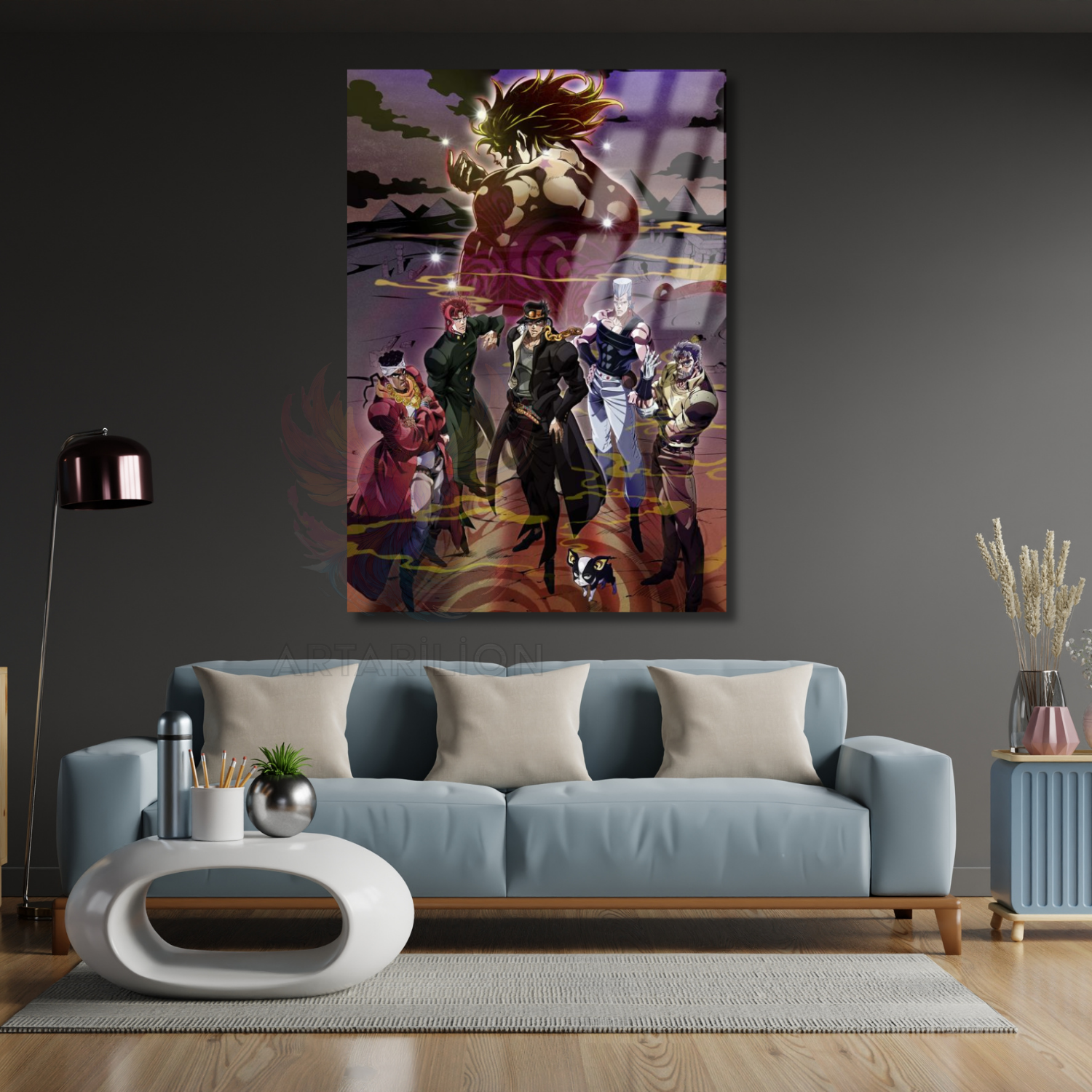 Anime Jojo Temalı Dijital Baskı Oyuncu Odası Cam Tablo