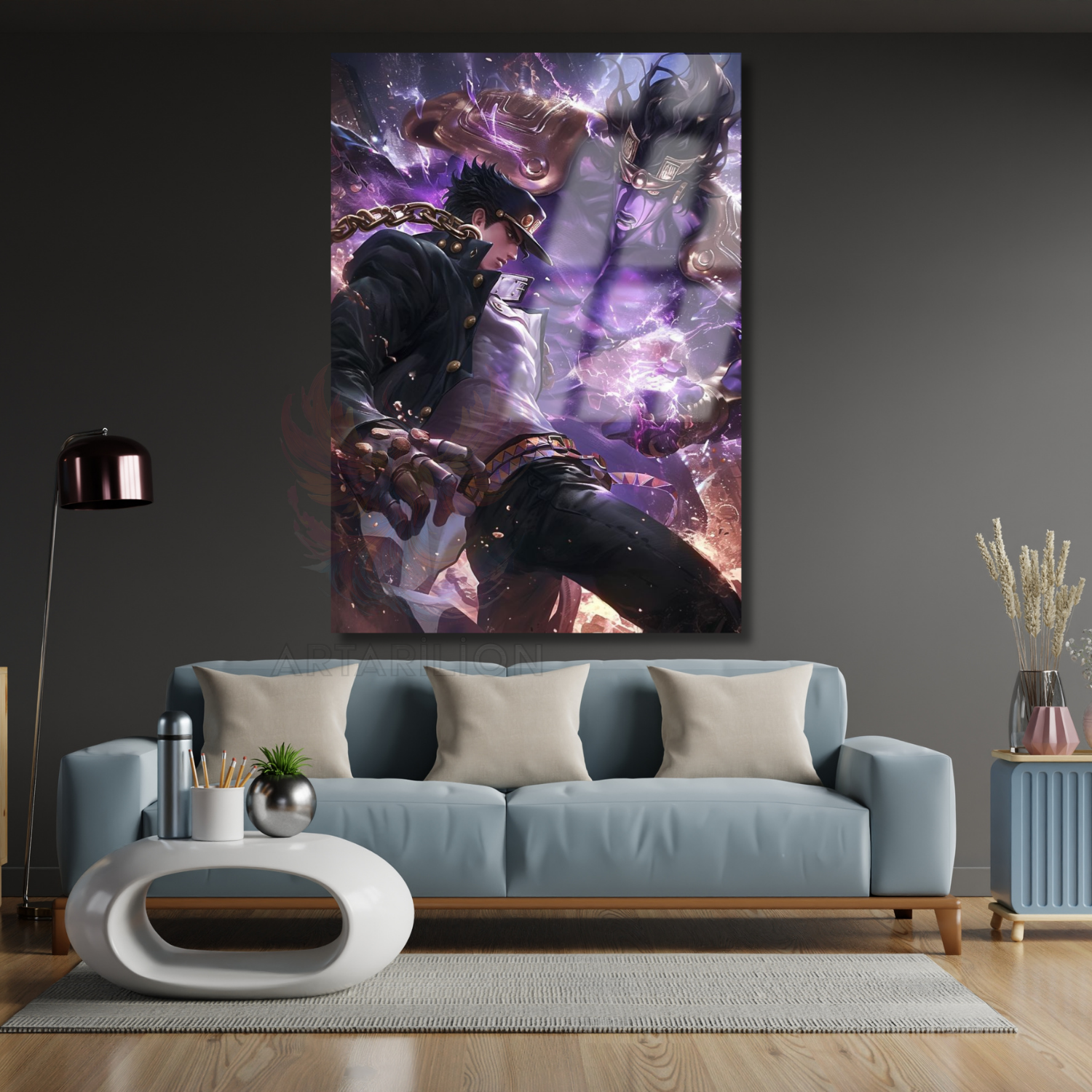 Anime Jojo Jotaro Temalı Dijital Baskı Oyuncu Odası Cam Tablo