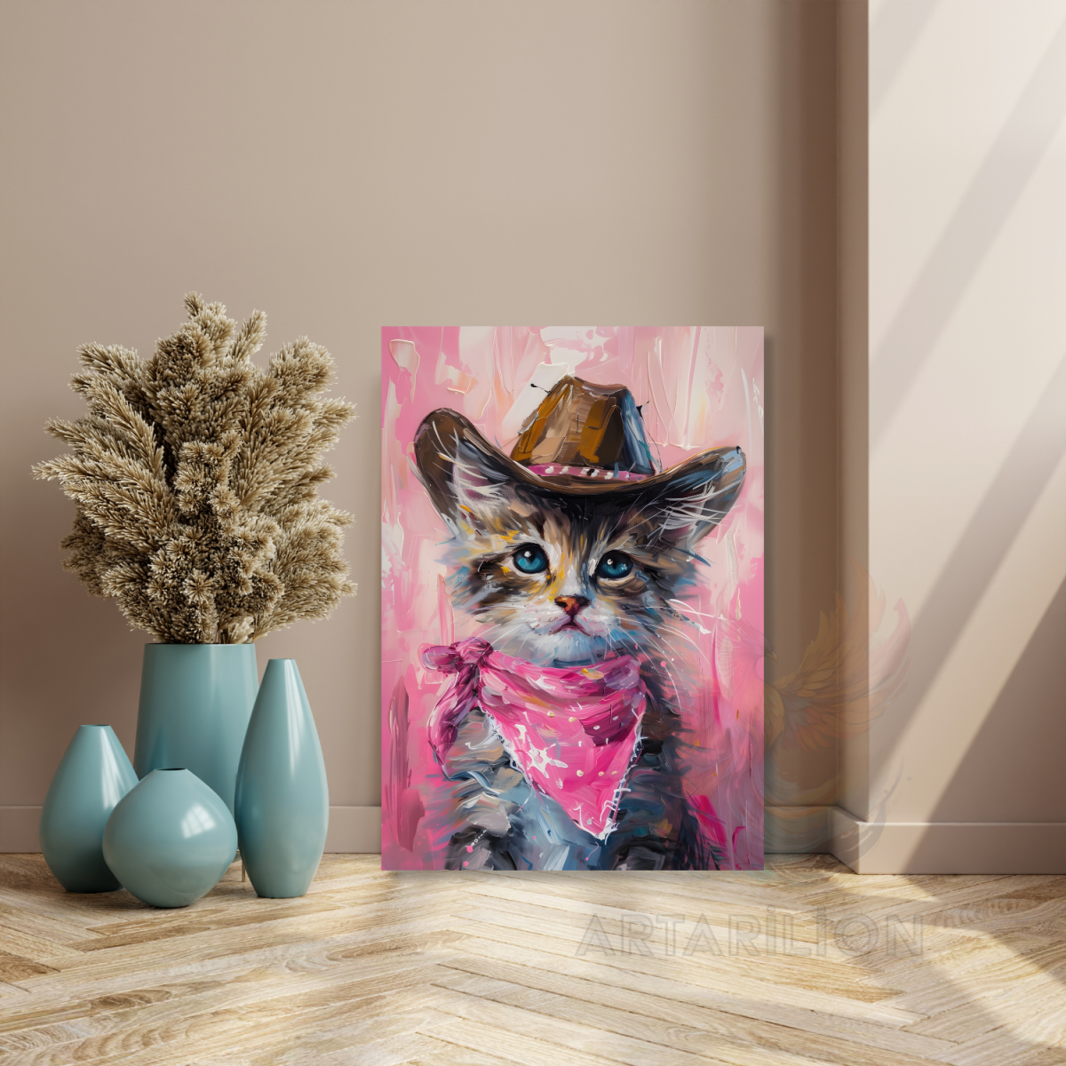 Kovboy Şapkalı Kedi HD Dijital Baskı Kanvas Tablo