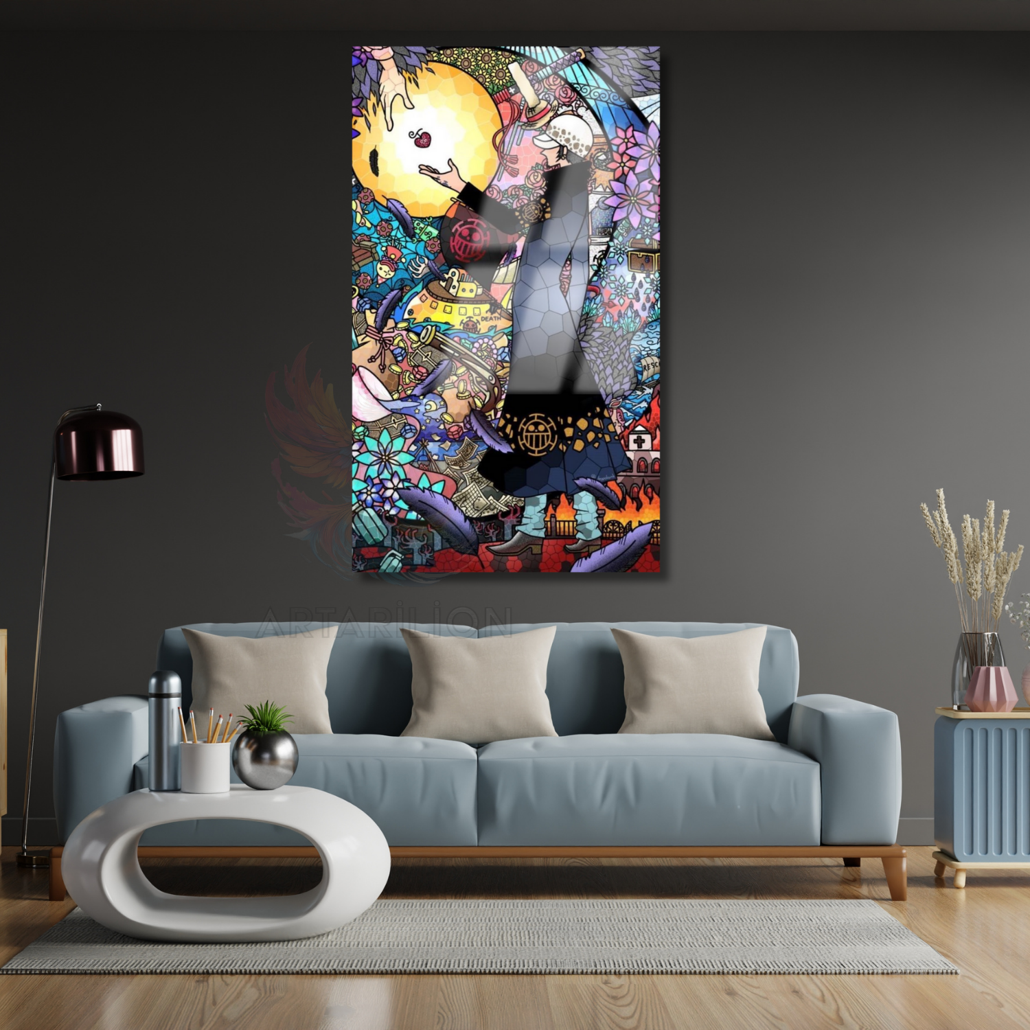 Anime Law One Piece Temalı Dijital Baskı Oyuncu Odası Cam Tablo