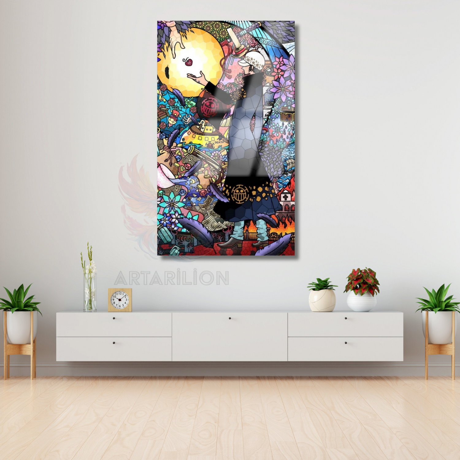Anime Law One Piece Temalı Dijital Baskı Oyuncu Odası Cam Tablo