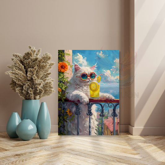 Kanvas Tablo Limonata İçen Kedi Görseli Dijital Baskı Tablo Yeni Ev Hediyesi