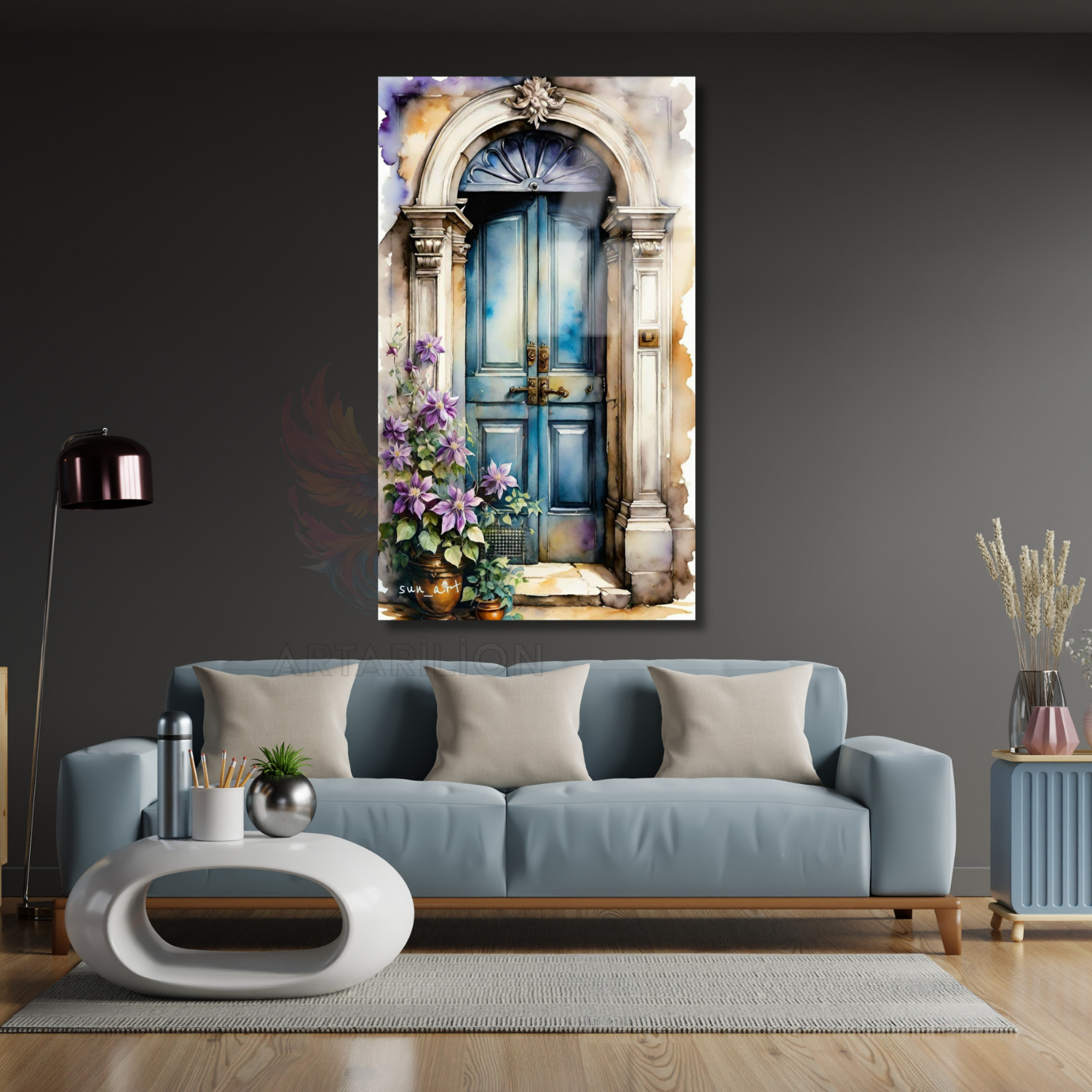 Glass Landscape Flowers and Door HD Digital Print Painting Living Room Painting