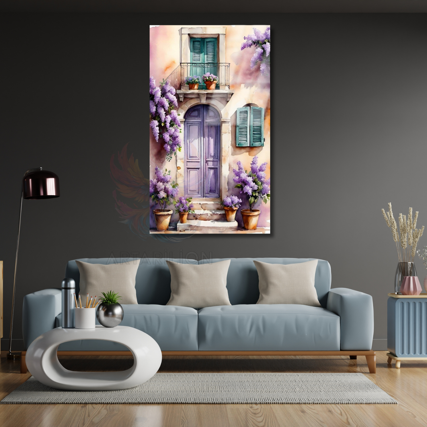 Glass Landscape Purple Door Flowers Glass HD Digital Print Painting Living Room Painting