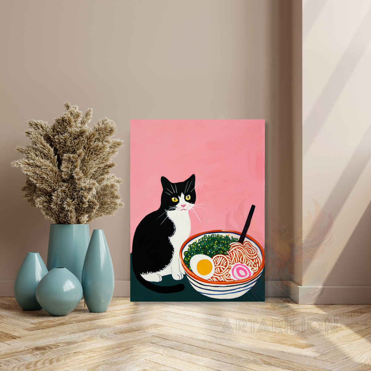 Noodle ve Kedi Görseli Sevimli Kanvas Tablo