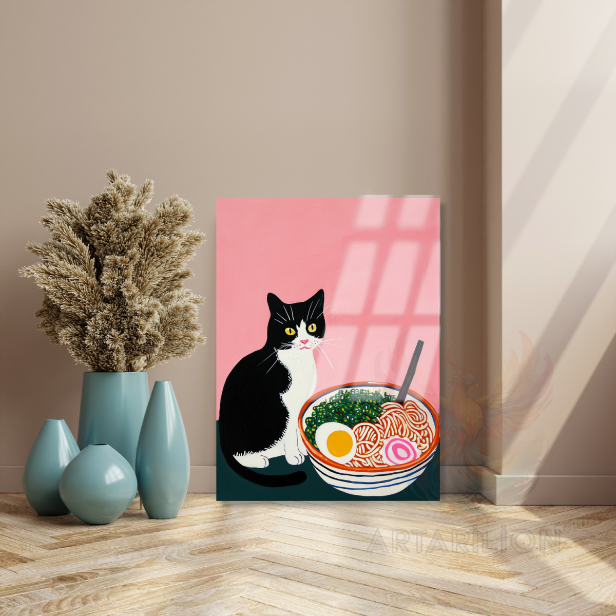 Kırılmaz Noodle ve Kedi Görseli Sevimli Cam Tablo