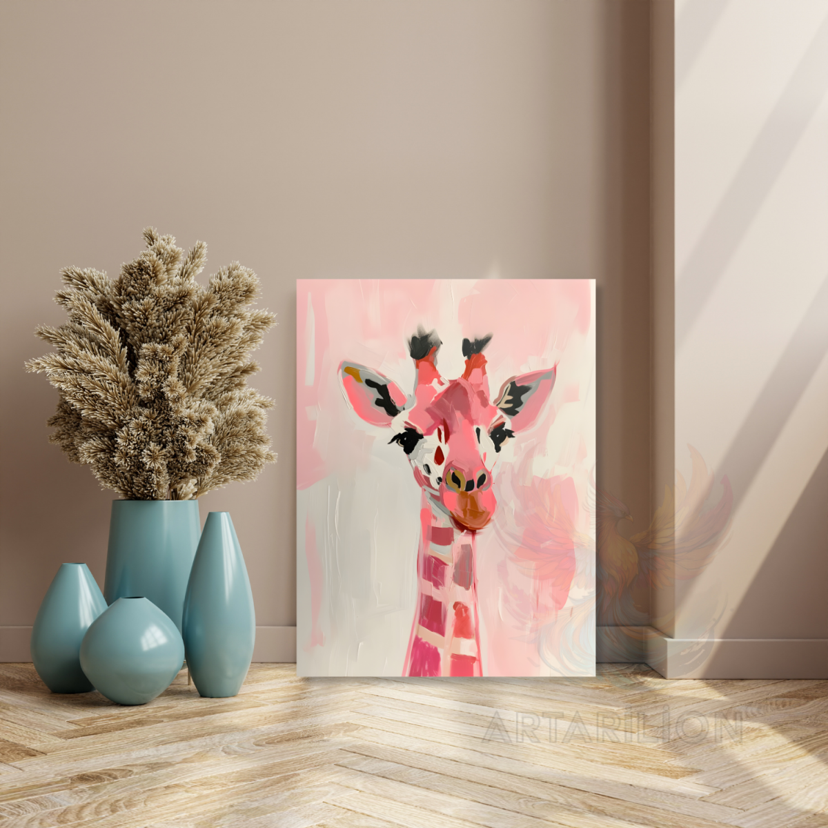 Pembe Sevimli Zürafa Modern Kanvas Tablo