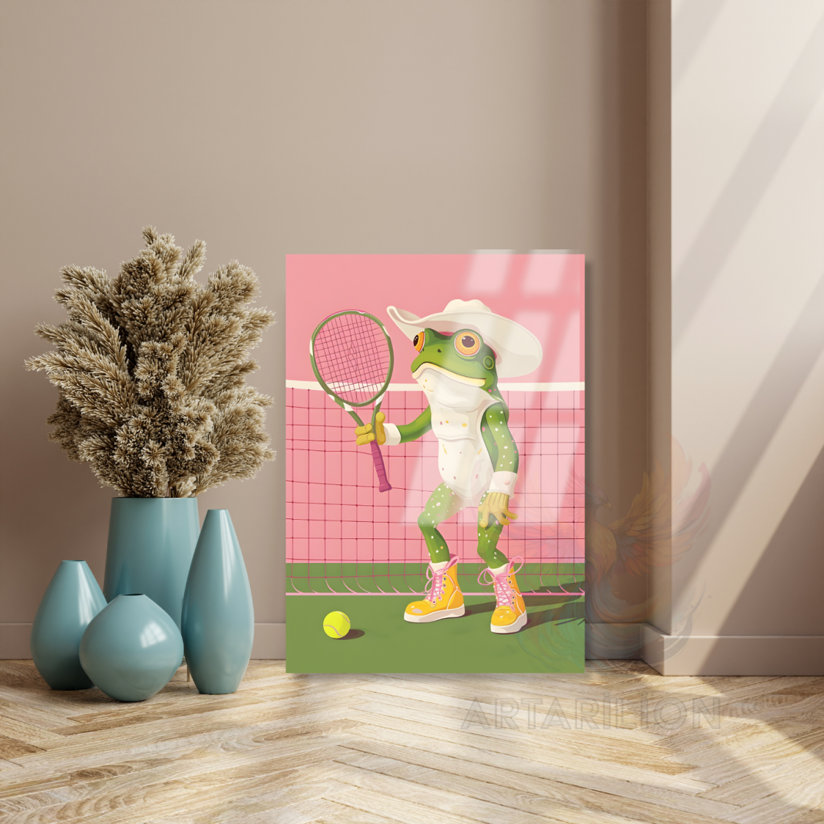 Tenis Oynayan Kurbağa Kırılmaz Modern Cam Tablo
