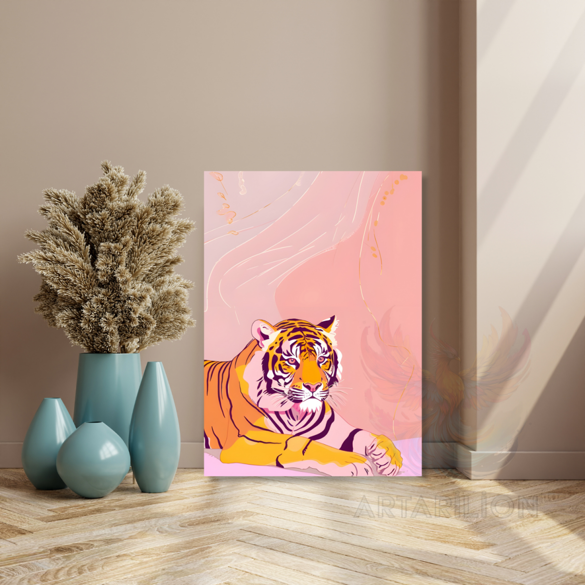 Kaplan Görseli Pembe Arkaplan Modern Kanvas Tablo