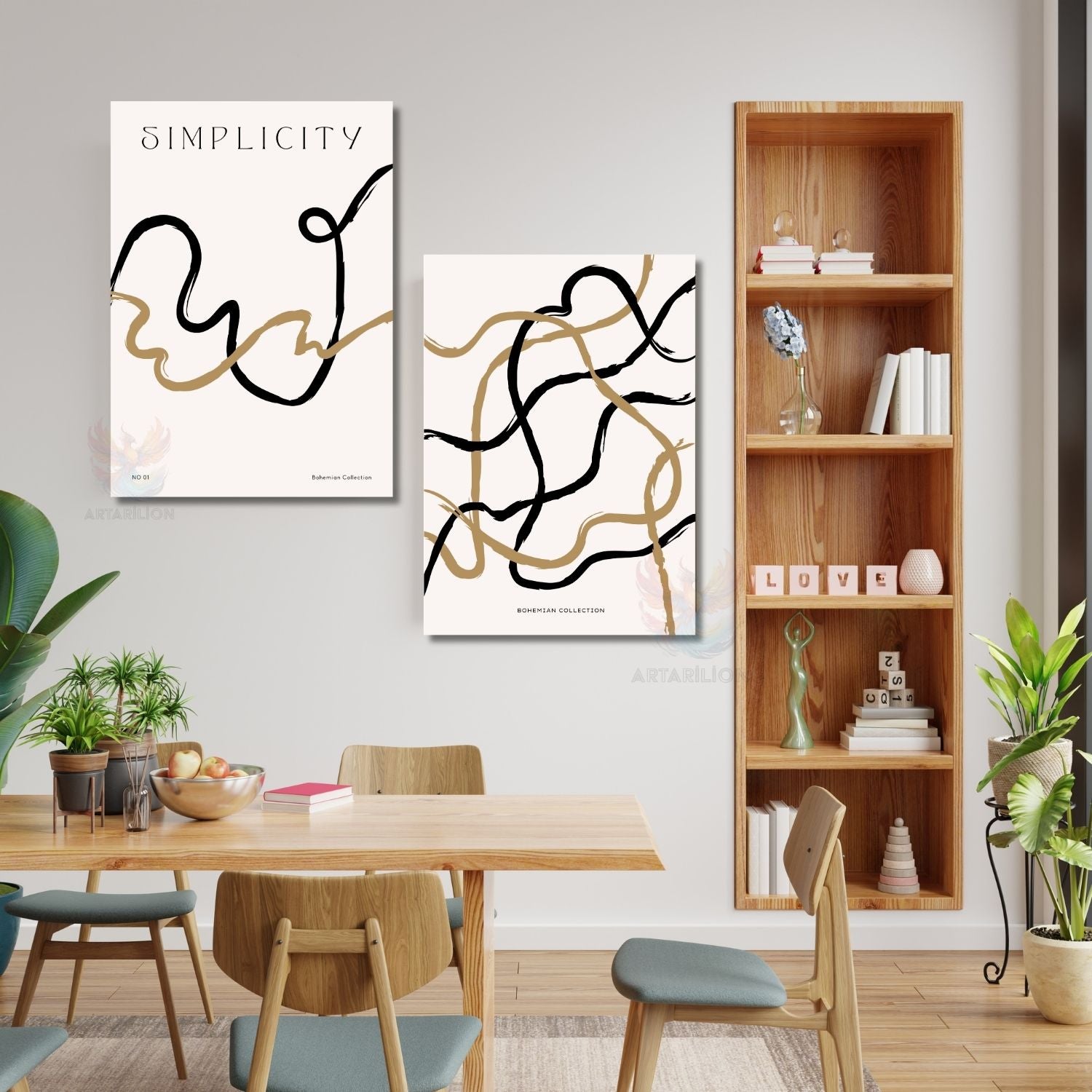 Minimalist Bohem Line Art Çizgiler Modern Dikey 2'li Kanvas Tablo Seti