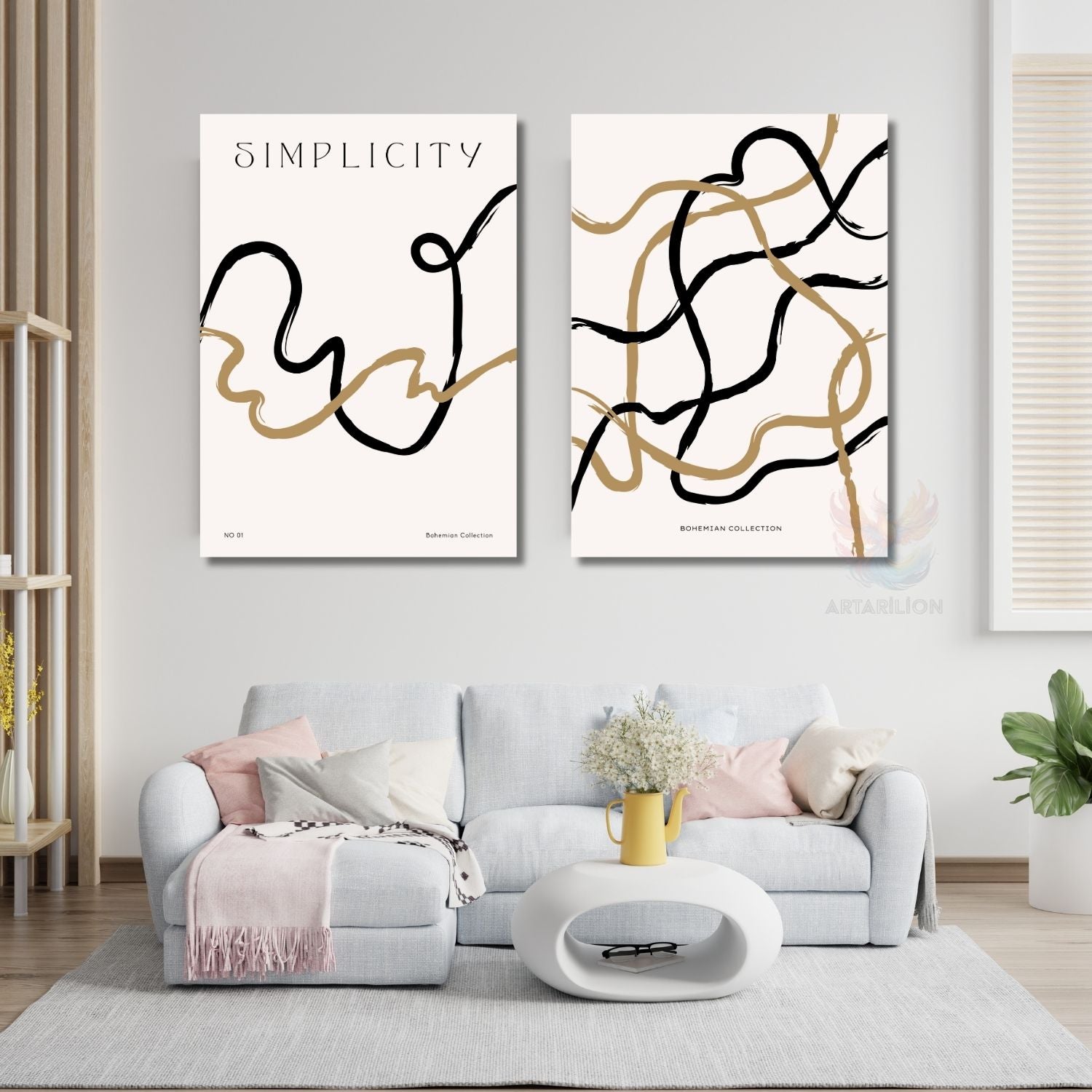 Minimalist Bohem Line Art Çizgiler Modern Dikey 2'li Kanvas Tablo Seti