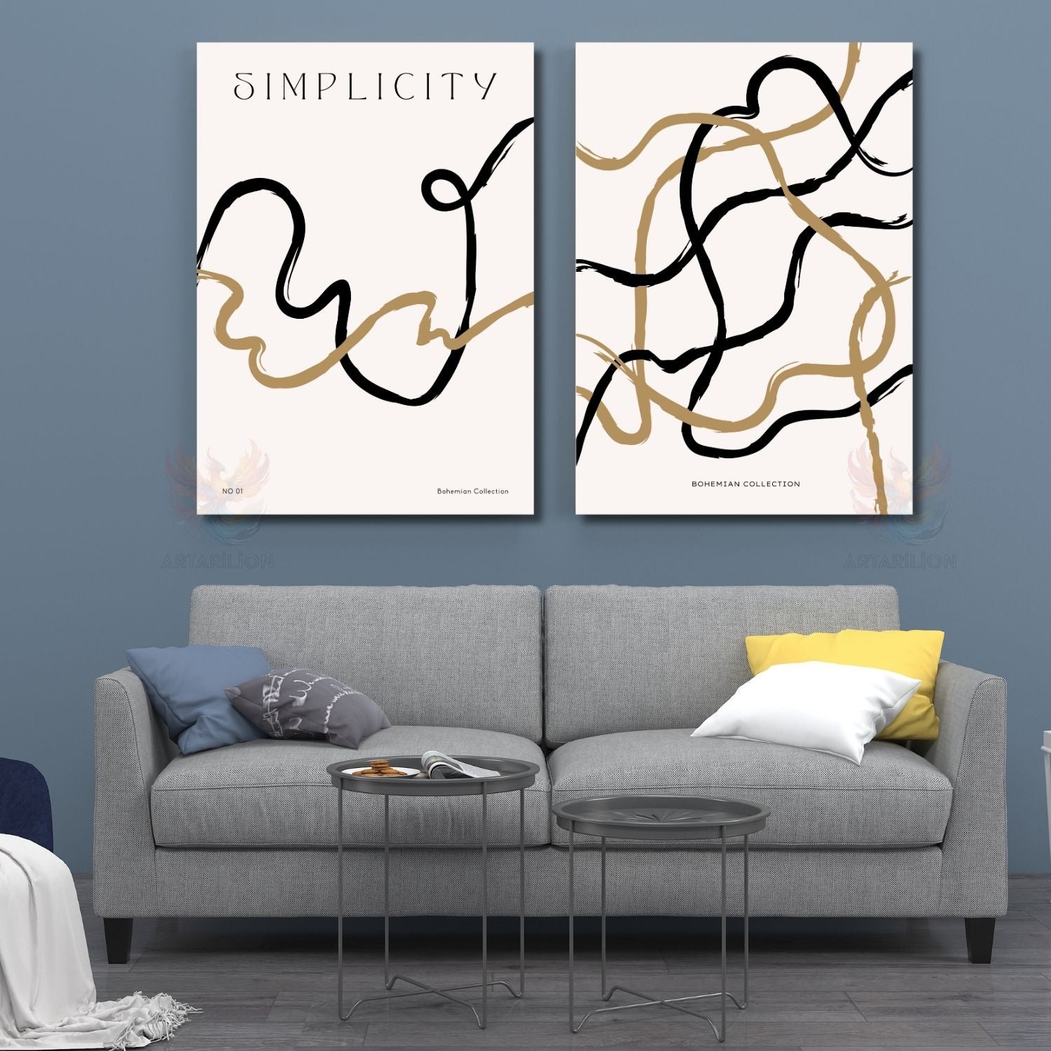 Minimalist Bohem Line Art Çizgiler Modern Dikey 2'li Kanvas Tablo Seti