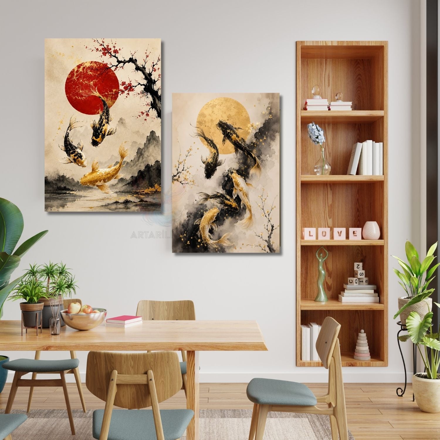 Koi Balıkları Modern Estetik Dikey 2'li Kanvas Tablo Seti