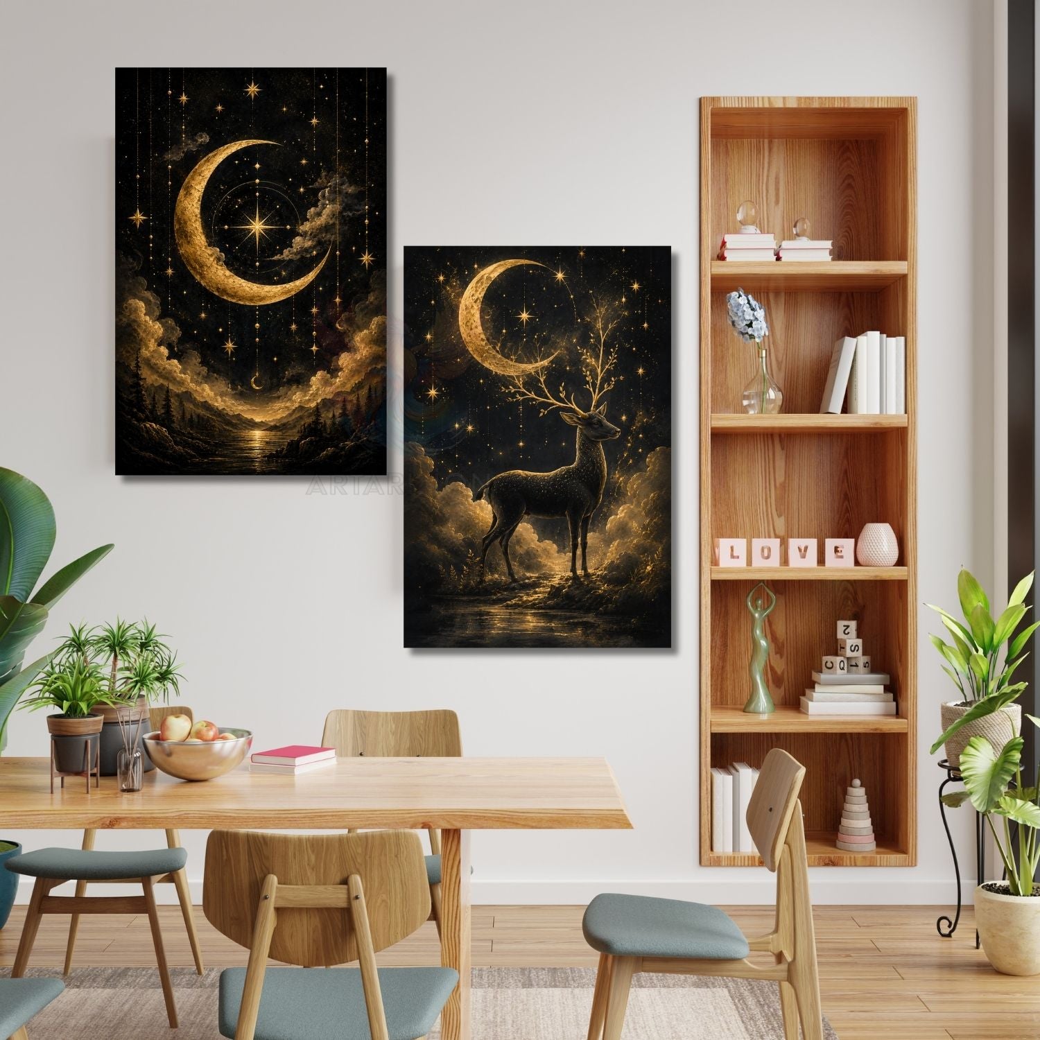 Mistik Gece Gökyüzü Geyik Ay Yıldızlar Orman Dikey 2'li Kanvas Tablo Seti