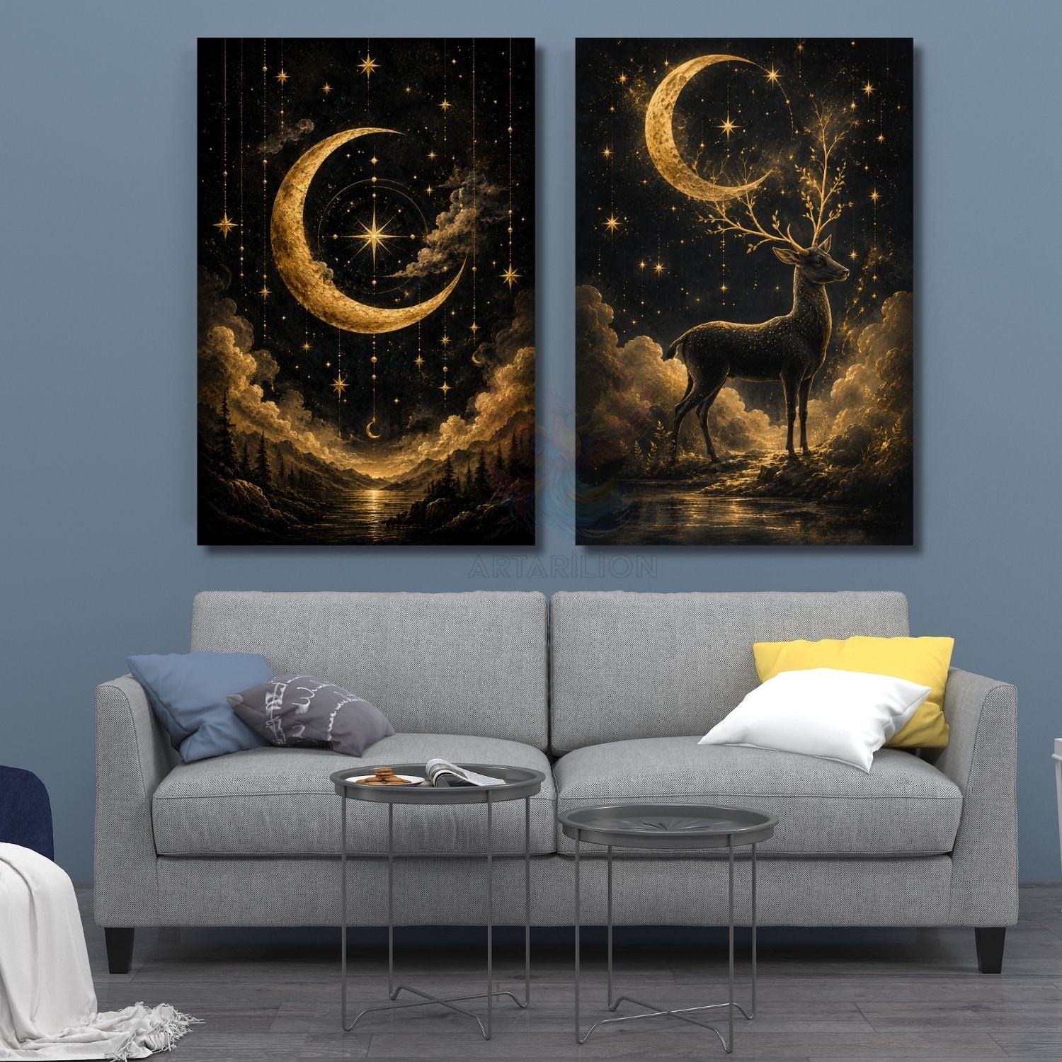 Mistik Gece Gökyüzü Geyik Ay Yıldızlar Orman Dikey 2'li Kanvas Tablo Seti