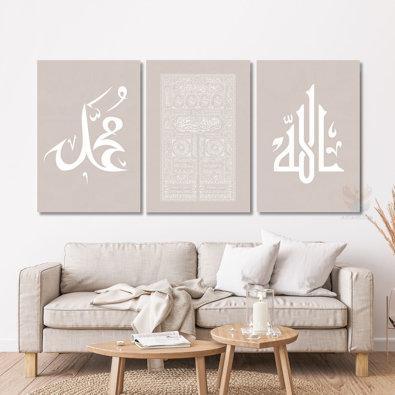 Allah Hz Muhammed Kabe Kapısı Soft İslami Manevi Dini Dikey 3'lü Kanvas Tablo Seti